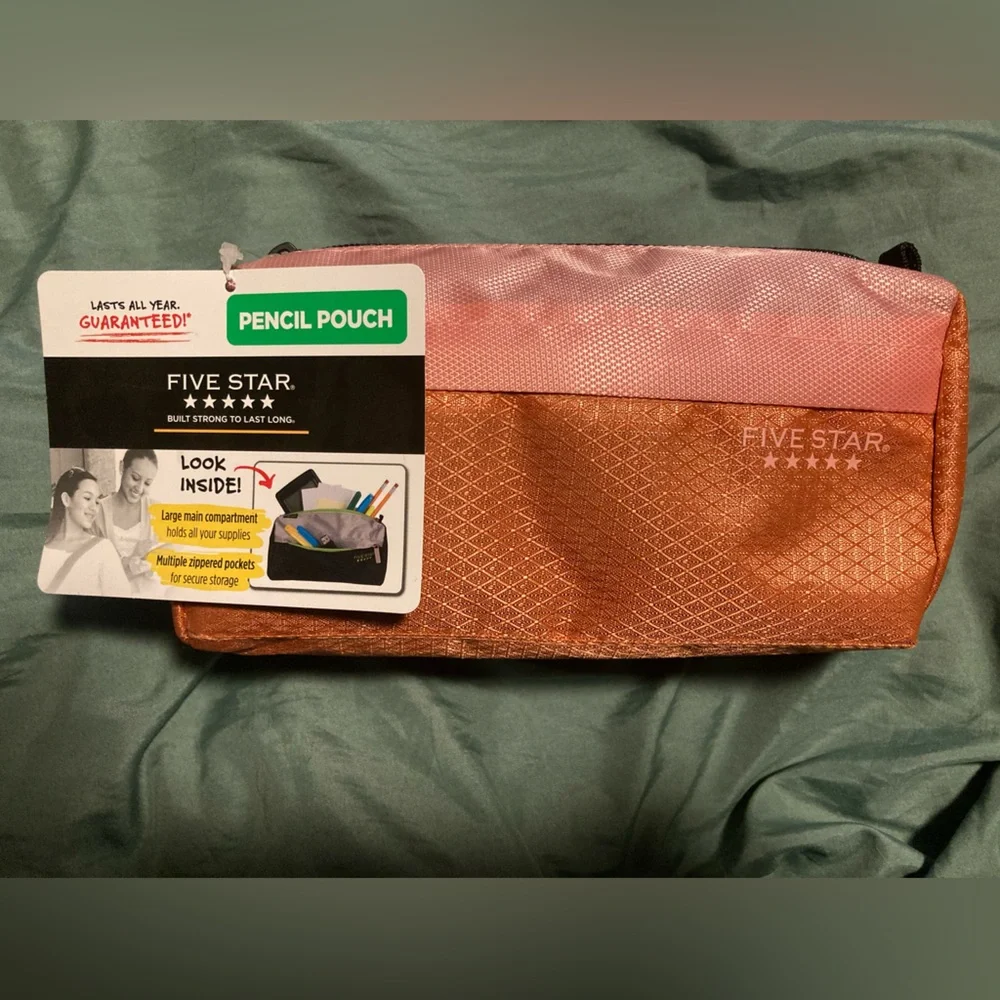 New with Tags Five Star Metallic Coral Orange & Pink Pencil Pouch